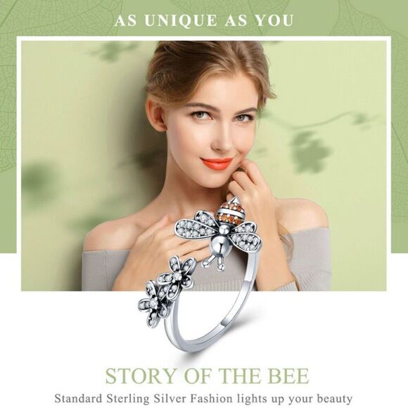 Bee Ring, Bee Lover Ring, .925 Sterling Silver Honey Bee Ring, Adjustable Ring - Picture 1 of 6